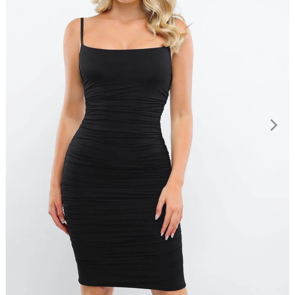 Popilush Shapewear Ruched Bodycon Midi Slip Dress Black Large NWT in packaging‎